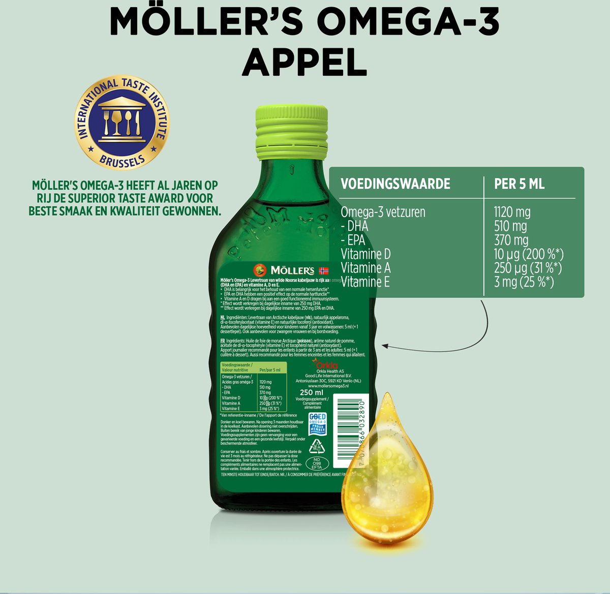6x Mollers Omega-3 Levertraan Appel (250 ml) - image 2