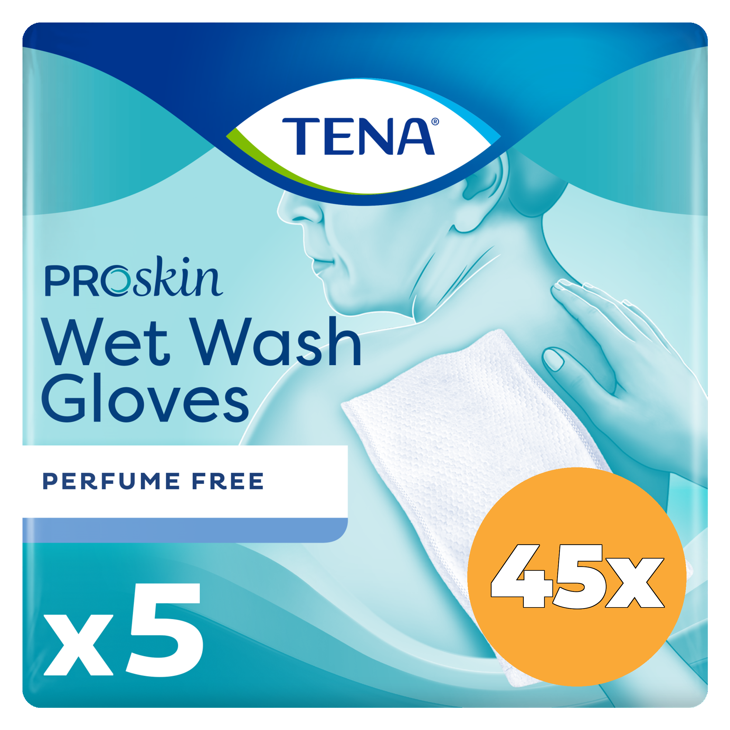 45x Tena Wet gloves cleans & care lotion no perfume (5 stuks)