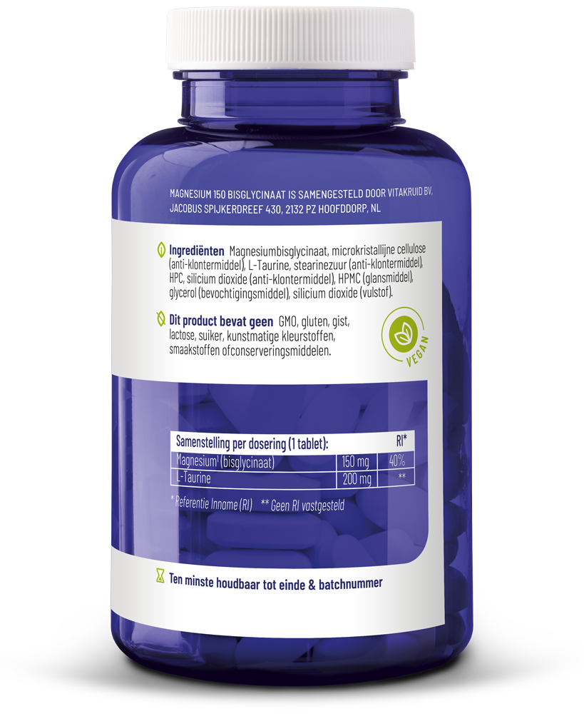 Vitakruid Magnesium 150 Bisglycinaat Met 200Mg L-Taurine (90 tabletten) - image 2
