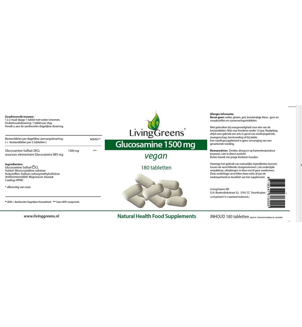 Livinggreens Glucosamine 1500 Vegan (180 tabletten)