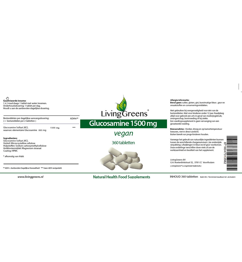 Livinggreens Glucosamine 1500 Vegan (360 tabletten)