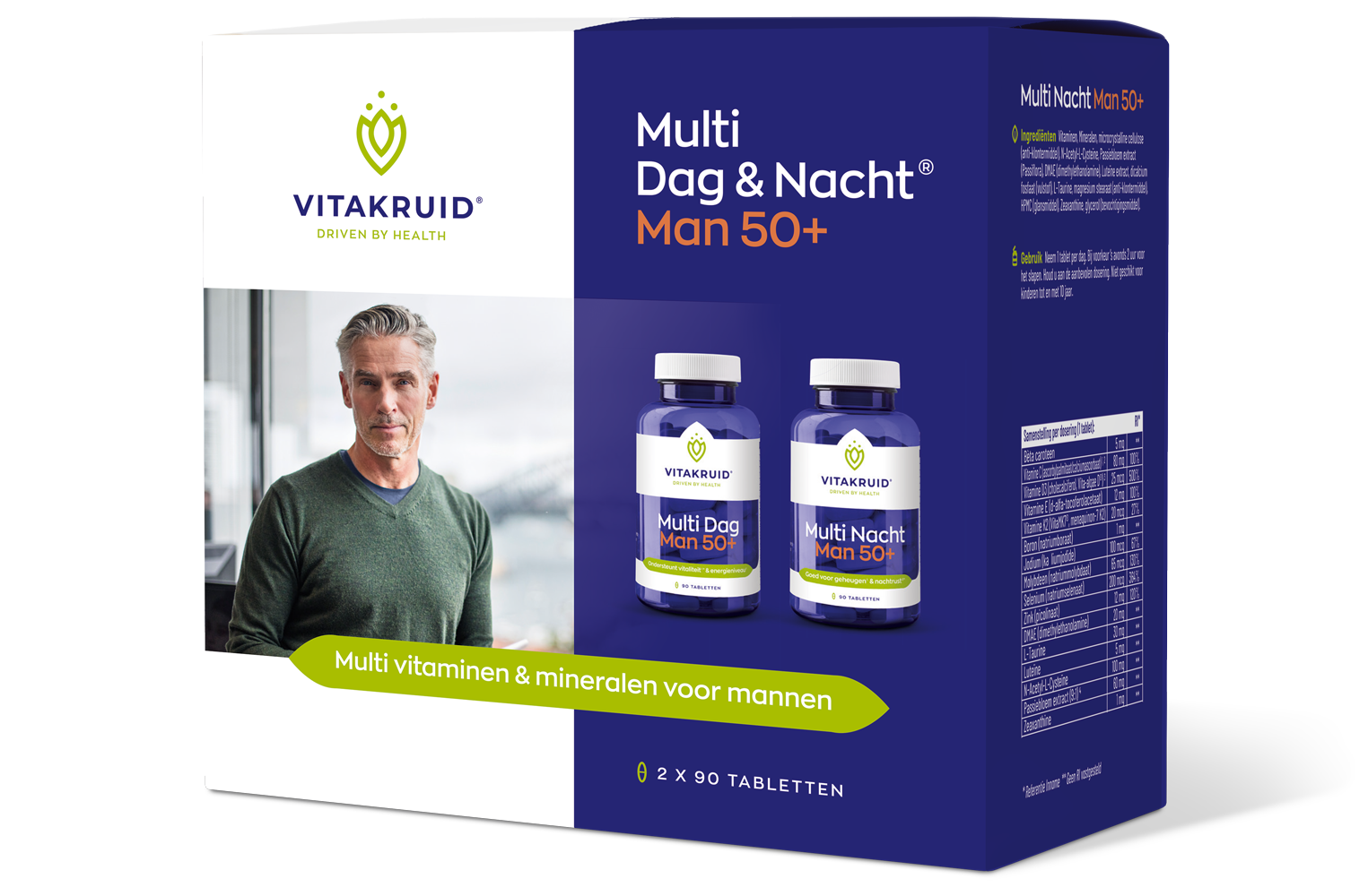 Vitakruid Multi Dag & Nacht Man 50+ 100% Vegan (2 X 90 tabletten)