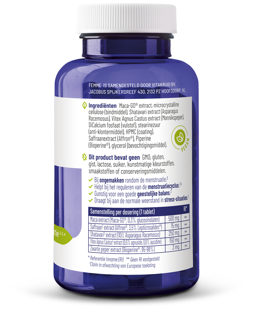 Vitakruid Femme Hormoon Support Oa Maca & Saffraan (90 tabletten) - image 2