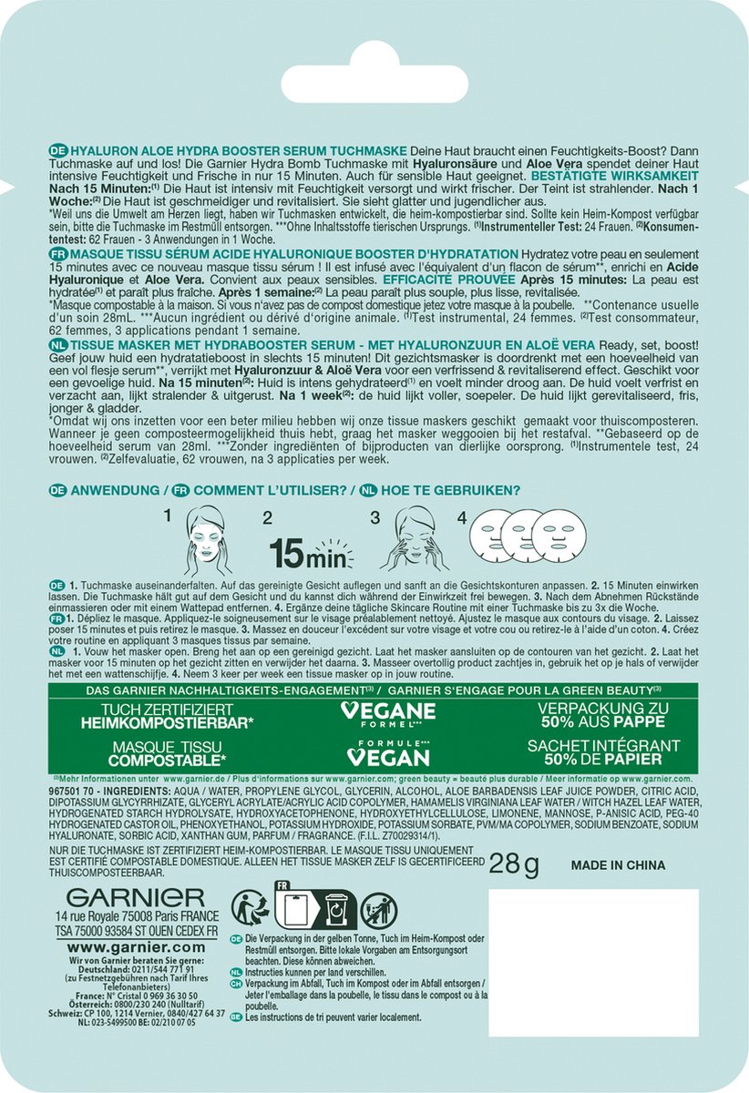 Garnier Skinact hydraterende bomb tissuemasker (1 stuk)