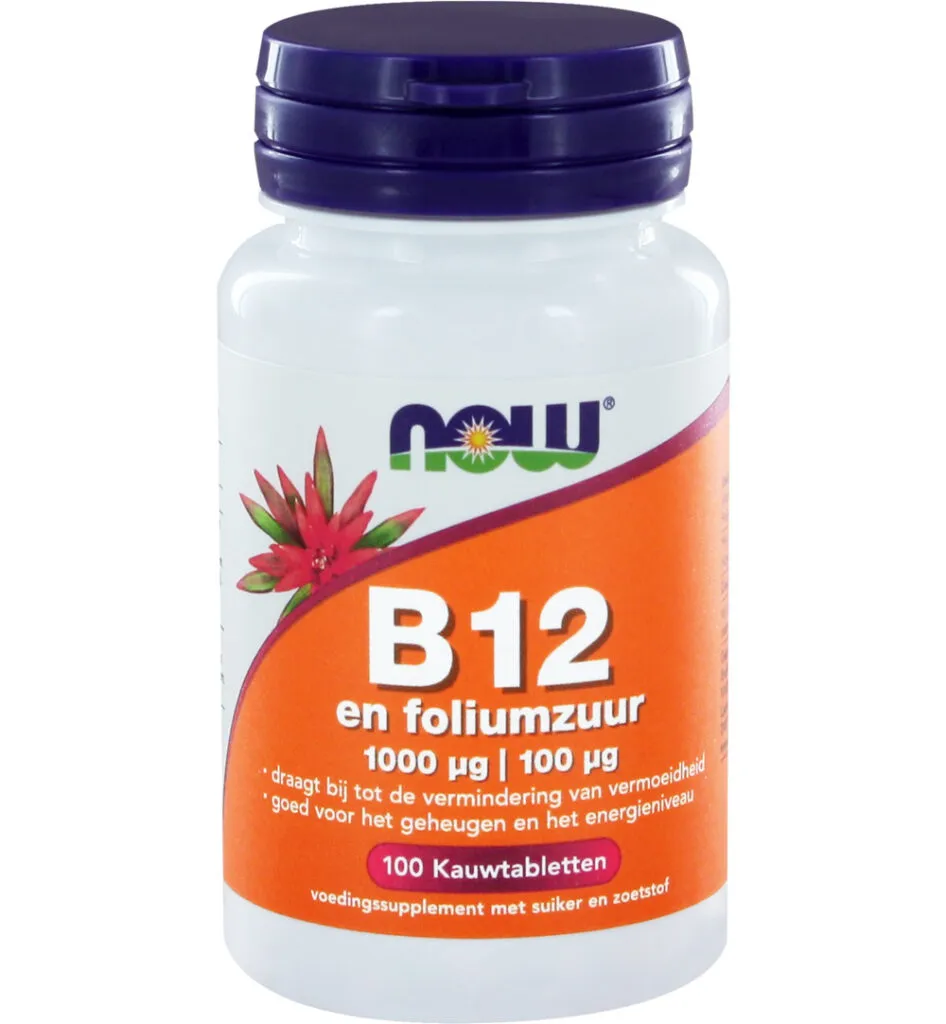 Now Vitamine B12 1000 mcg en Foliumzuur 100 mcg (100 kauwtabletten)