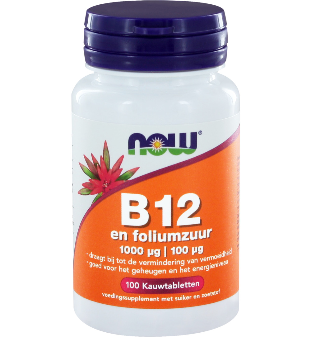 Now Vitamine B12 1000 mcg en Foliumzuur 100 mcg (100 kauwtabletten)