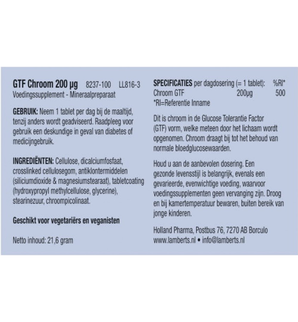 Lamberts Gtf Chroom 200Mcg (100 stuks)