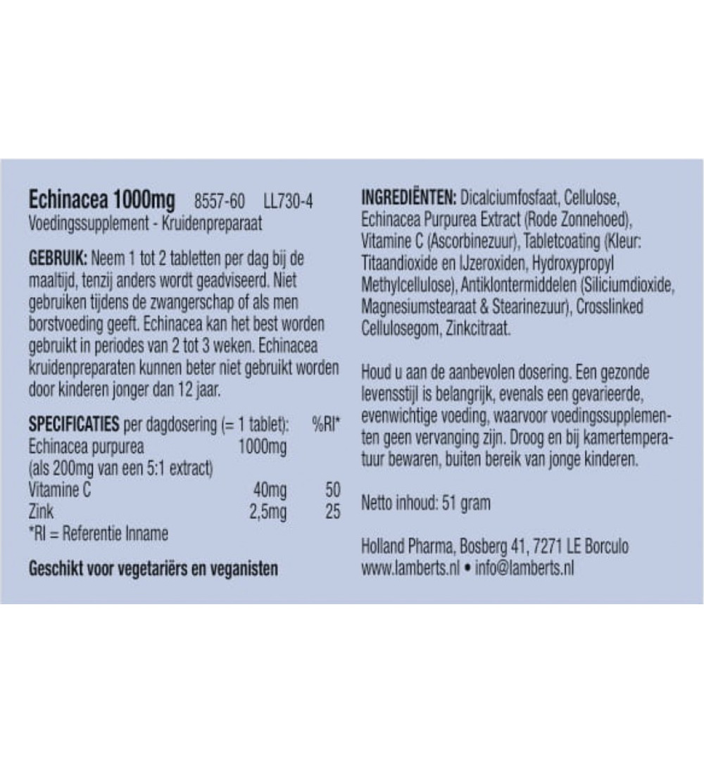 Lamberts Echinacea 1000Mg Met Zink En Vitamine C (60 Tabletten)