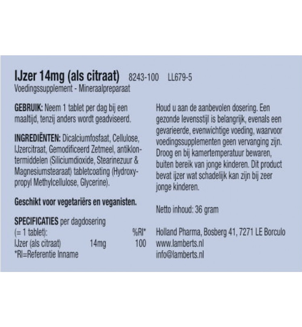 Lamberts IJzer citraat 14mg (100 tabletten)