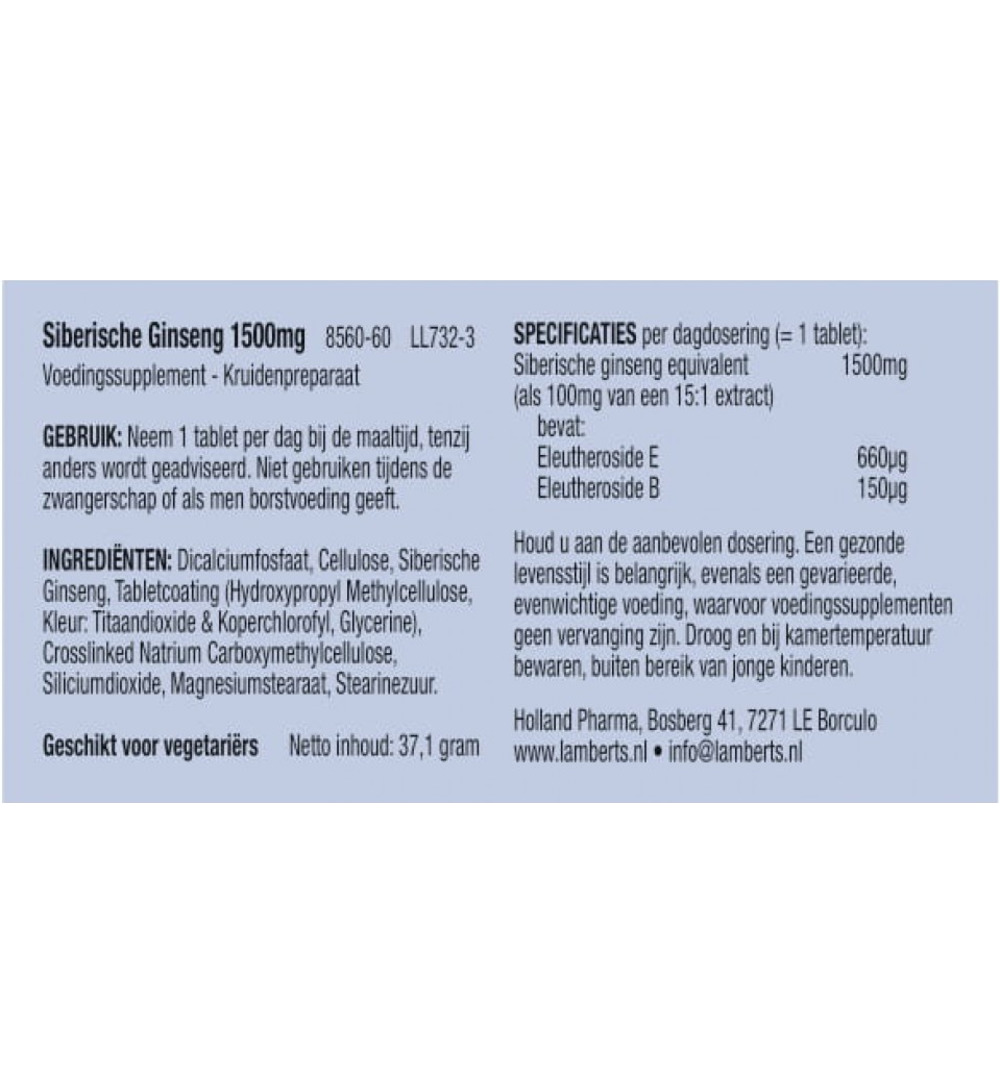 Lamberts Ginseng Siberisch 1500Mg (60 tabletten)