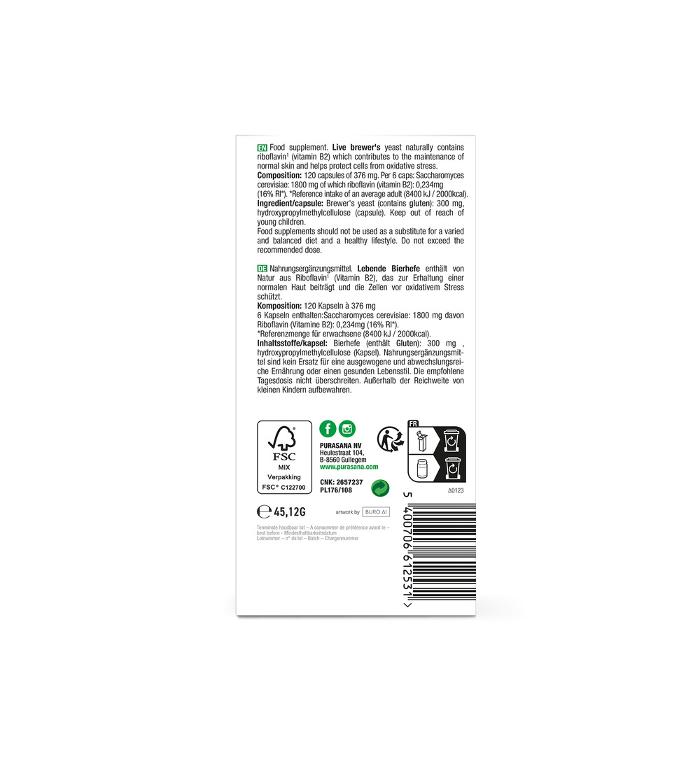 Purasana Levende Biergist/Levure De Biere Revivifiable (120 capsules) - image 3