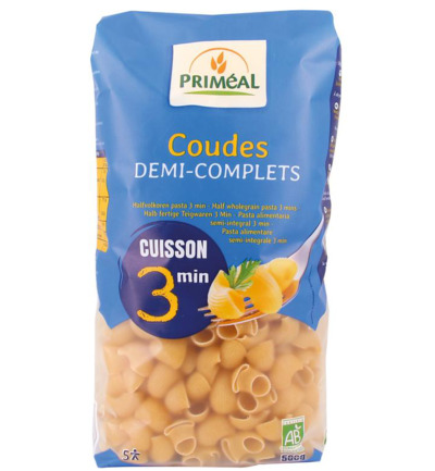 Priméal Coudes halfvolkoren snelkook 3 minuten bio (500 gr)