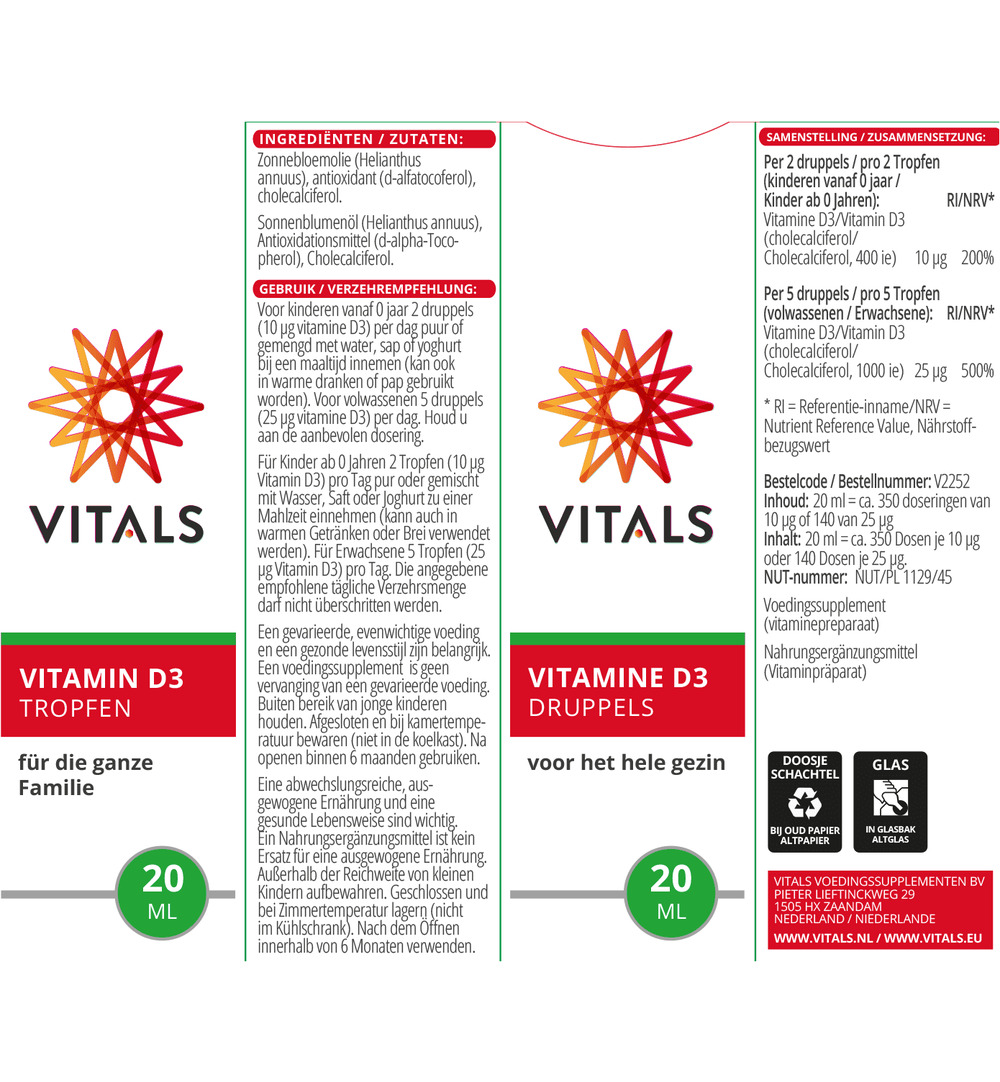 Vitals Vitamine D3 druppels (20 ml) - image 3