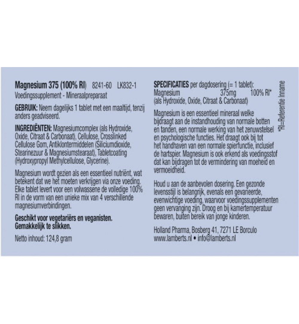Lamberts Magnesium 375 (60 tabletten)