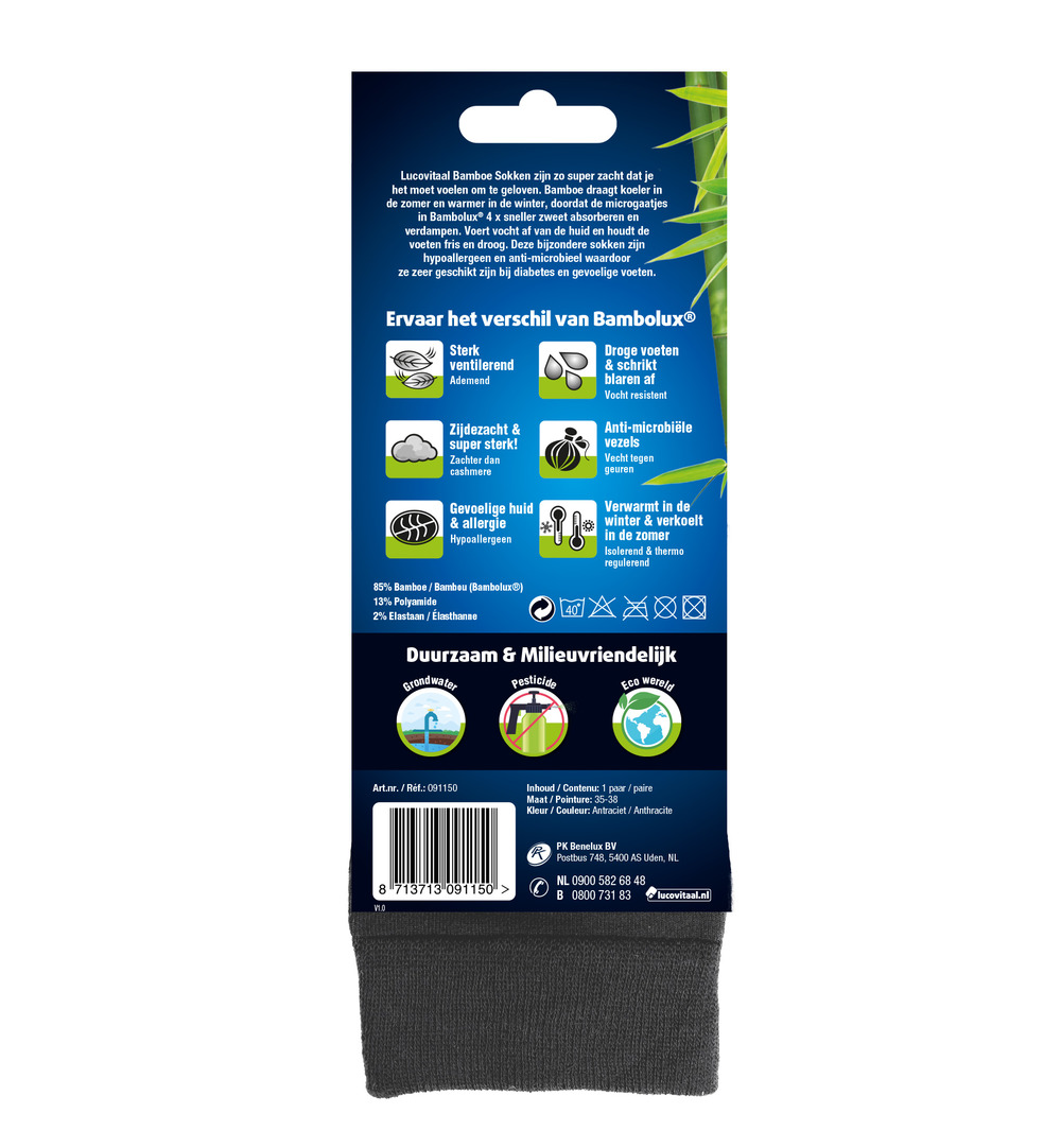 Lucovitaal Bamboe Lange Sokken Antraciet 35-38 (1 paar)