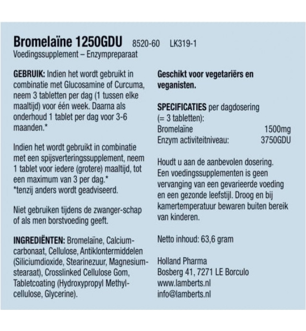 Lamberts Bromelaine 1250gdu (60 tabletten)