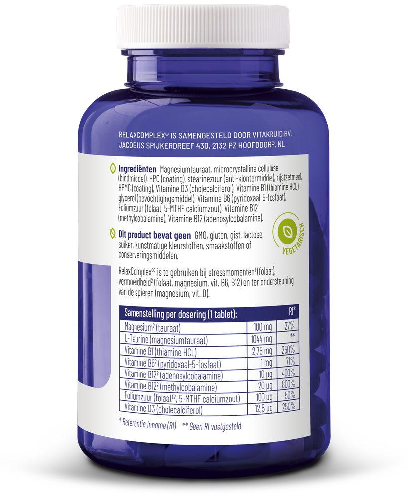 Vitakruid Relaxcomplex Oa Magnesium Tauraat & Vitamine D3 (90 tabletten) - image 2