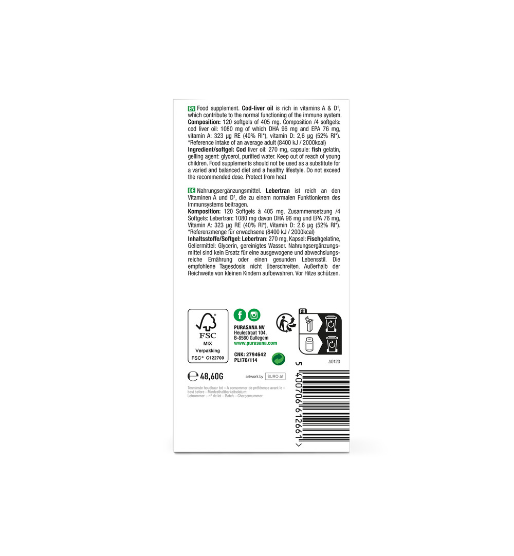 Purasana Levertraan/Huile De Foie De Morue (120 capsules) - image 3
