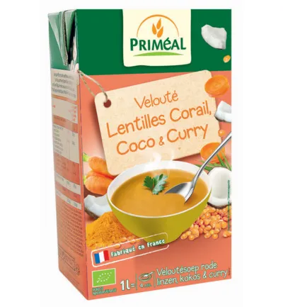 Priméal Indiase Soep Met Rode Linzen, Kokos En Curry Bio (1000 ml)