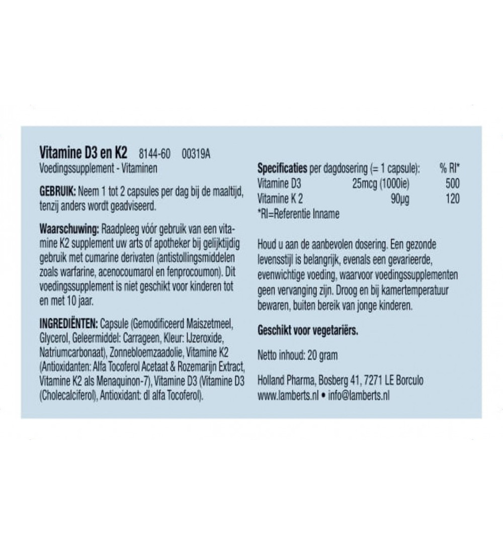 Lamberts Vitamine D3 1000IE en K2 90mcg (60 capsules)
