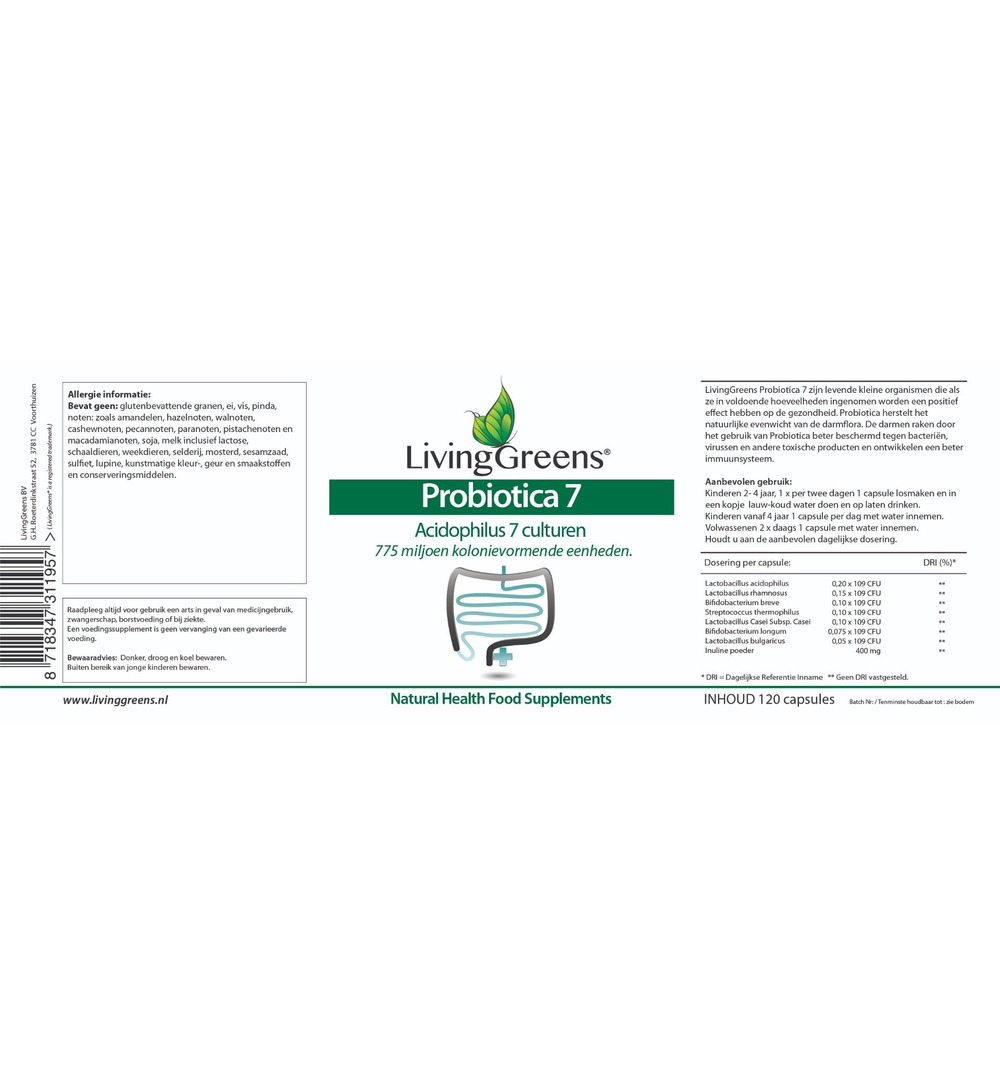 Livinggreens Probiotica Acidophilus 7 Culturen (120 capsules)