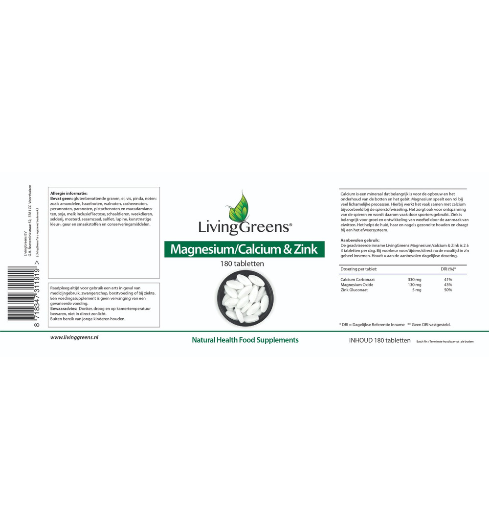LivingGreens Magnesium calcium zink (180 tabletten)