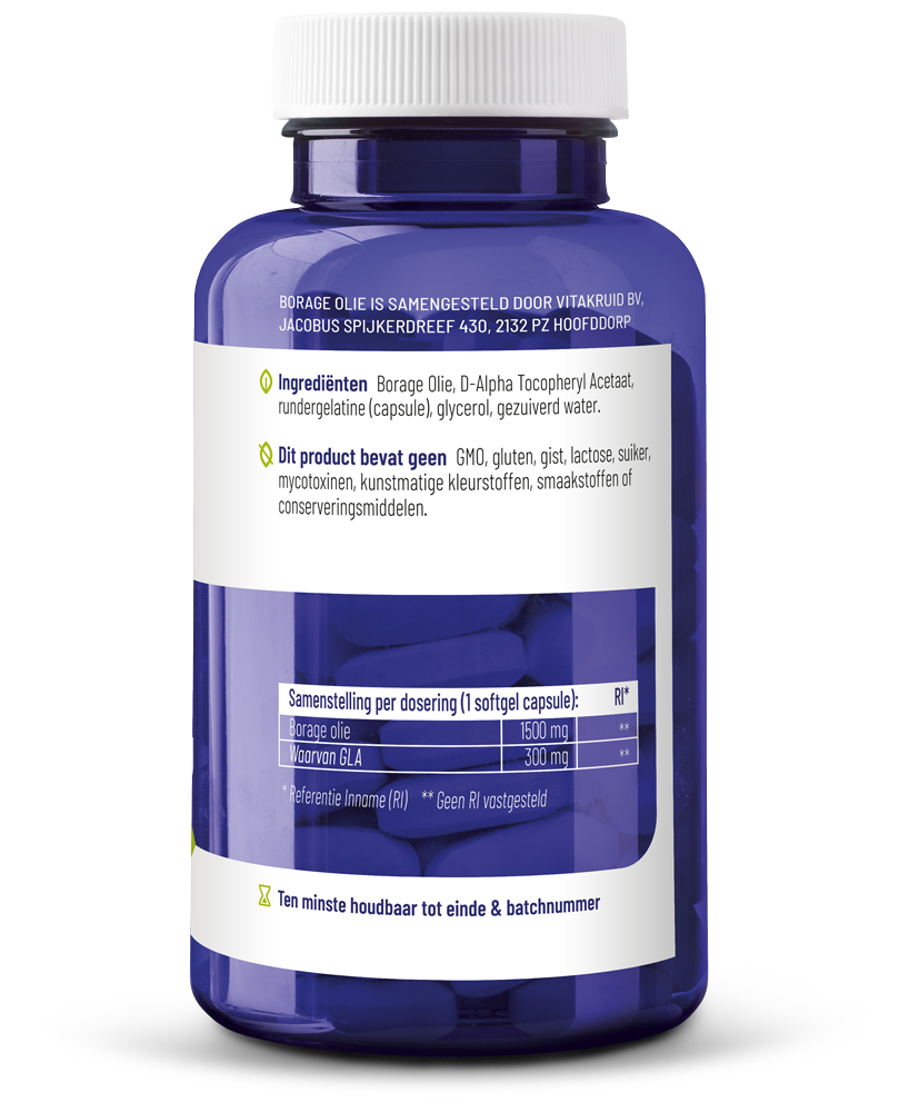 Vitakruid Borage Olie 1500Mg Gla 300Mg Uit Plantaardige Bron (60 softgels) - image 2