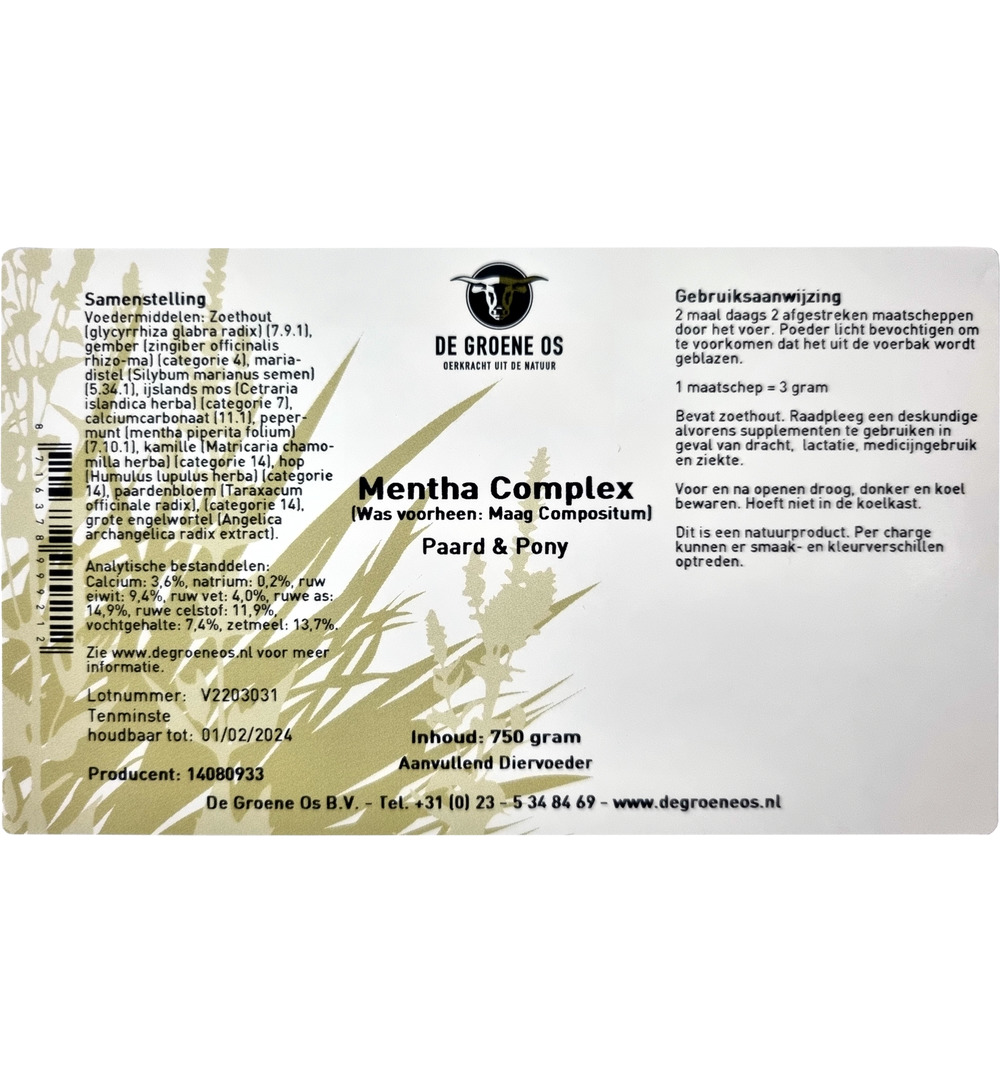 Degroene Os Mentha Complex Paard/Pony (750 gr)