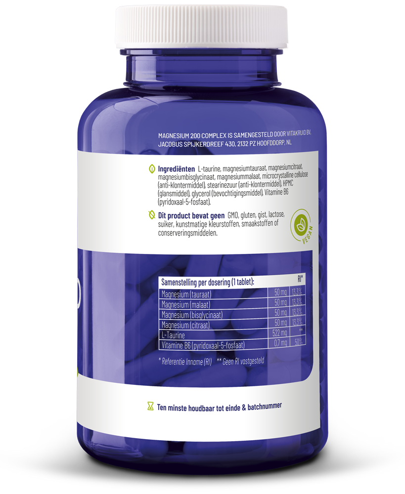 Vitakruid Magnesium 200 Complex Tauraat Malaat Bisglycinaat (180 tabletten) - image 2