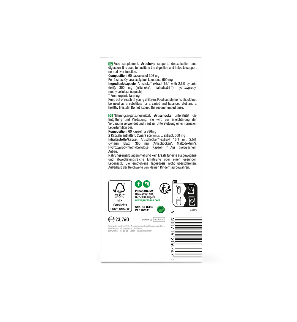 Purasana Artisjok extract 300 mg (60 vega capsules) - image 3