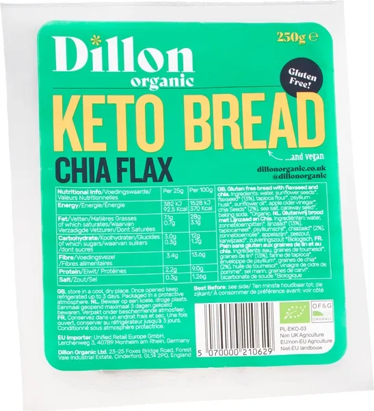 Dillon Organic Glutenvrij brood keto chia lijnzaad (250 gr)