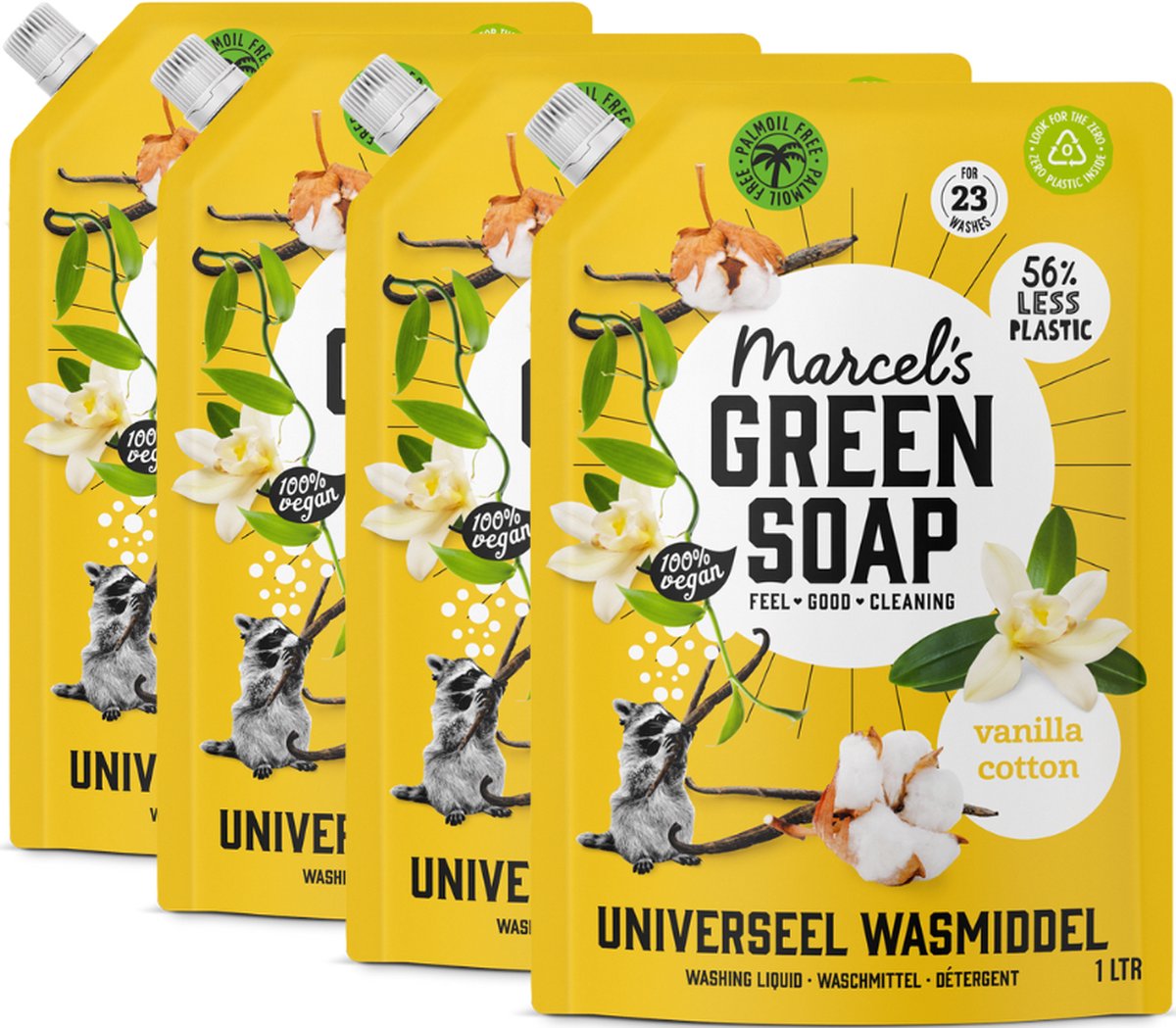 4x Marcel's Green Soap Wasmiddel Universeel Vanille & Katoen Navulling (1000 ml)