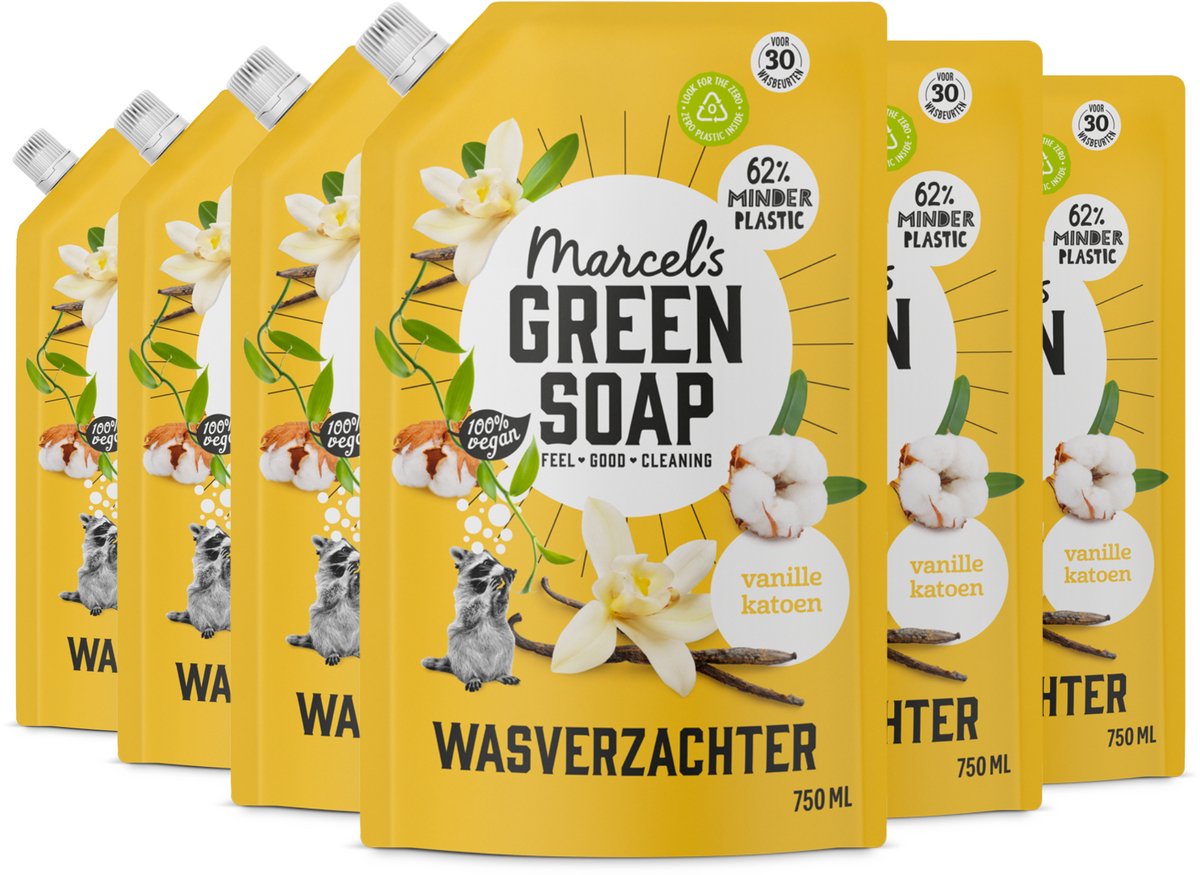6x Marcel's Green Soap Wasverzachter Vanille & Katoen Navulling (750 ml)