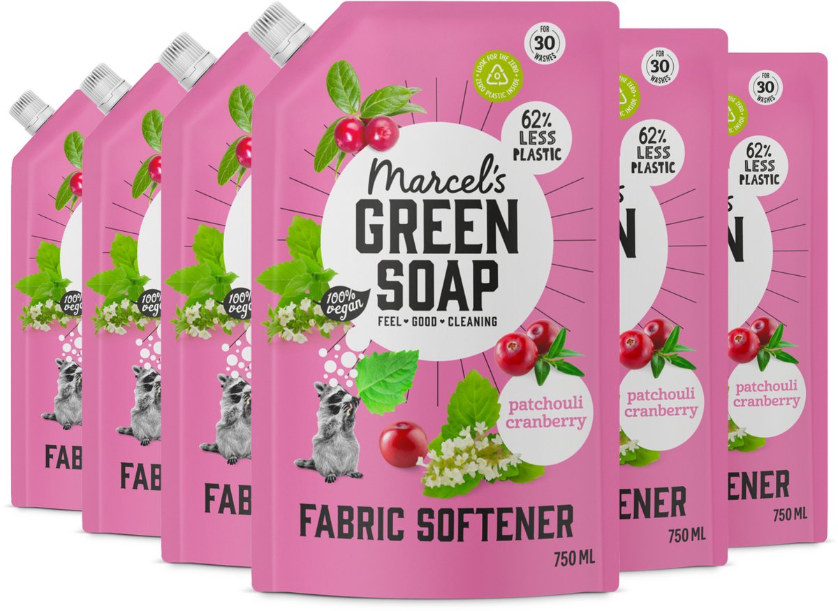 6x Marcel's Green Soap Wasverzachter Patchouli & Cranberry Navulling (750 ml)