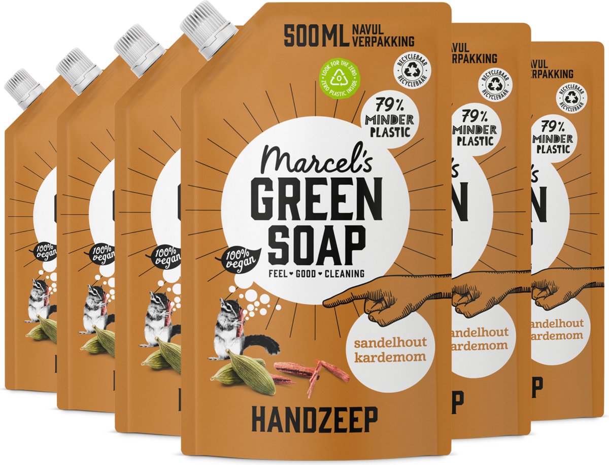 6x Marcel's Green Soap Handzeep sandelhout & kardemom navul (500 ml)