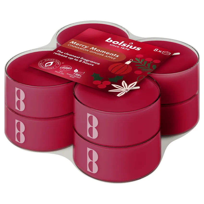 Bolsius Maxilichten clear cup 8u True Glow Merry Moments (8 stuks)