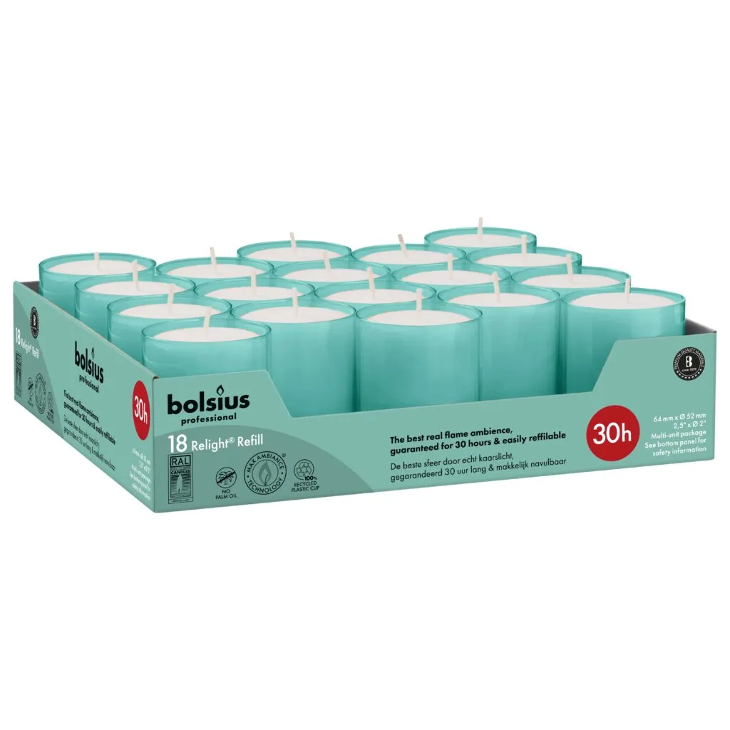 Bolsius Horeca Relight Navullingen 64/52 Aqua (18 stuks)