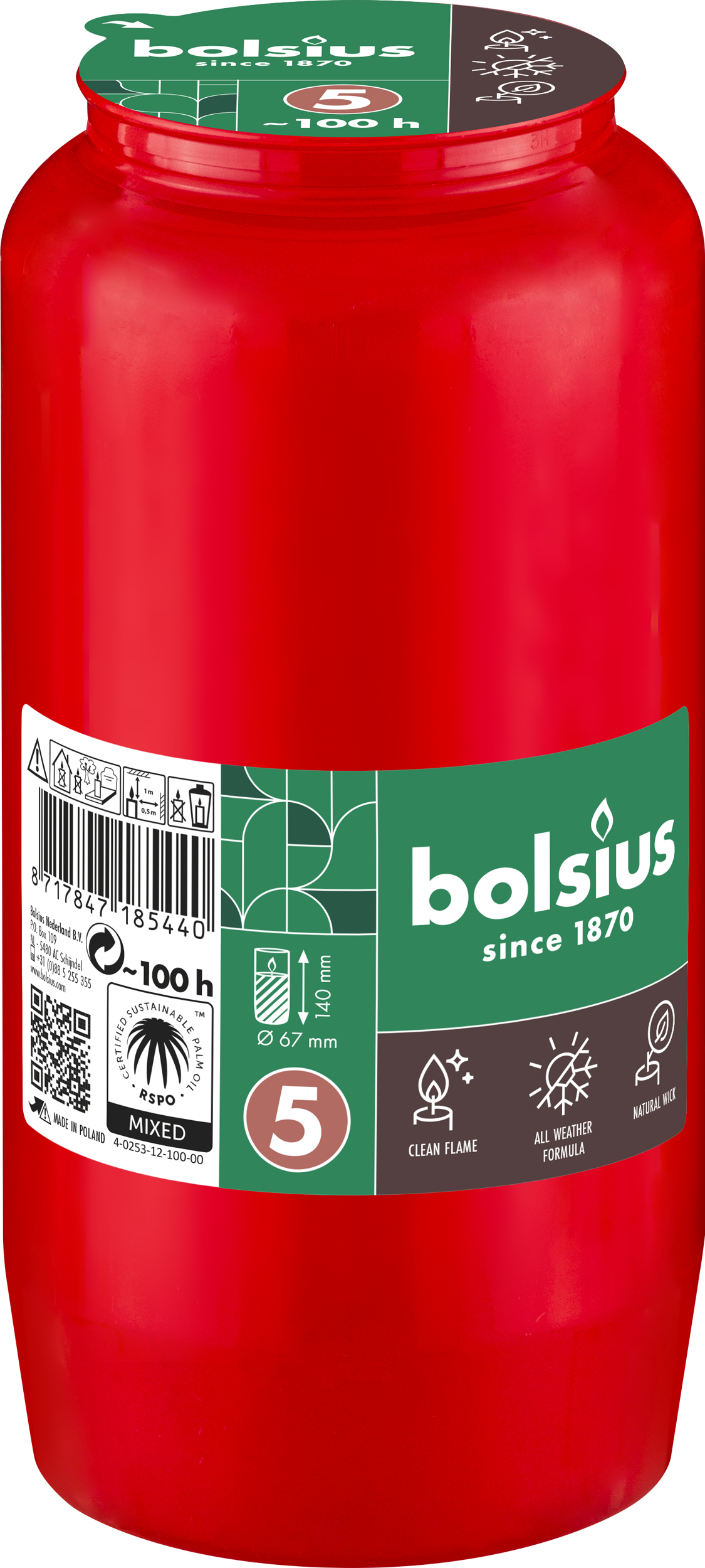 Bolsius Herdenkingslicht compo nr 5 Rood (1 stuk)