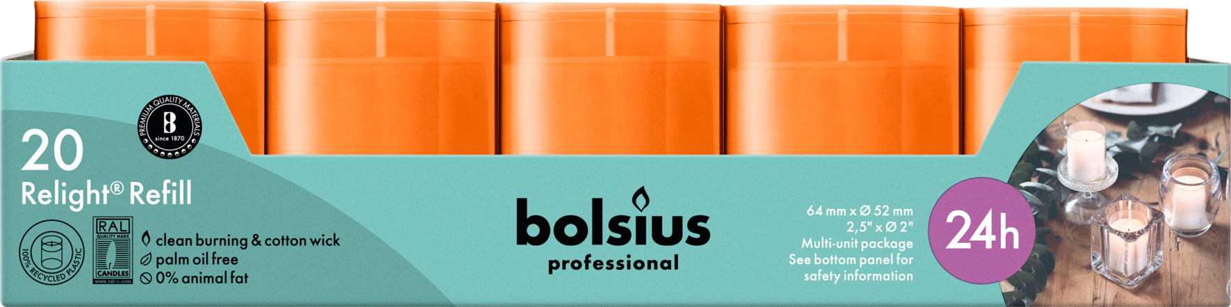 Bolsius Horeca Relight® Navullingen 64/52 Oranje (20 stuks) - image 3