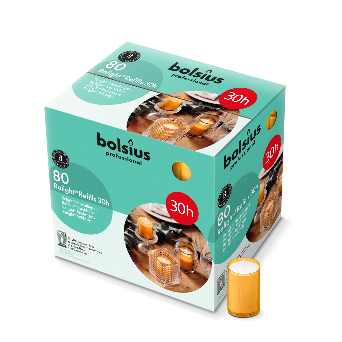Bolsius Horeca Relight® Plus Navullingen 64/52 Amber (80 stuks)