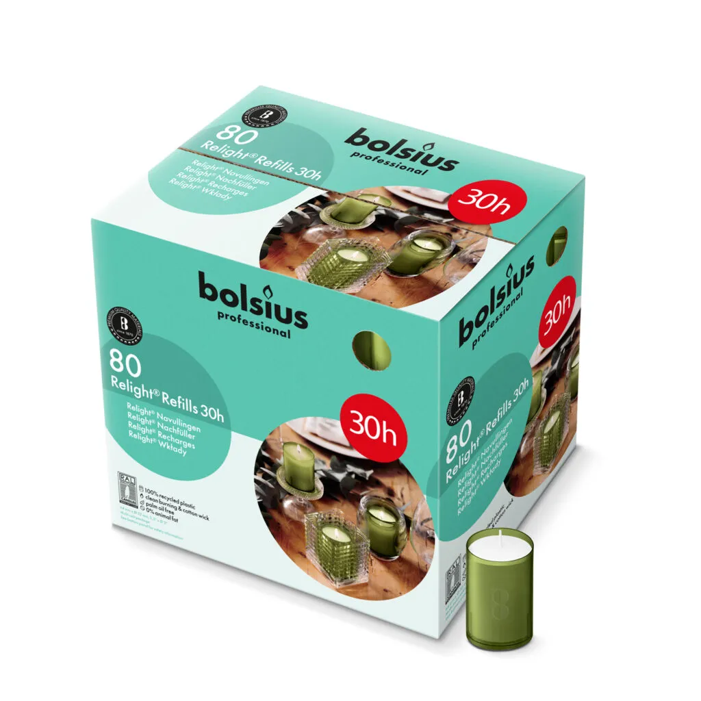 Bolsius Horeca Relight® Plus Navullingen 64/52 Olijfgroen (80 stuks)