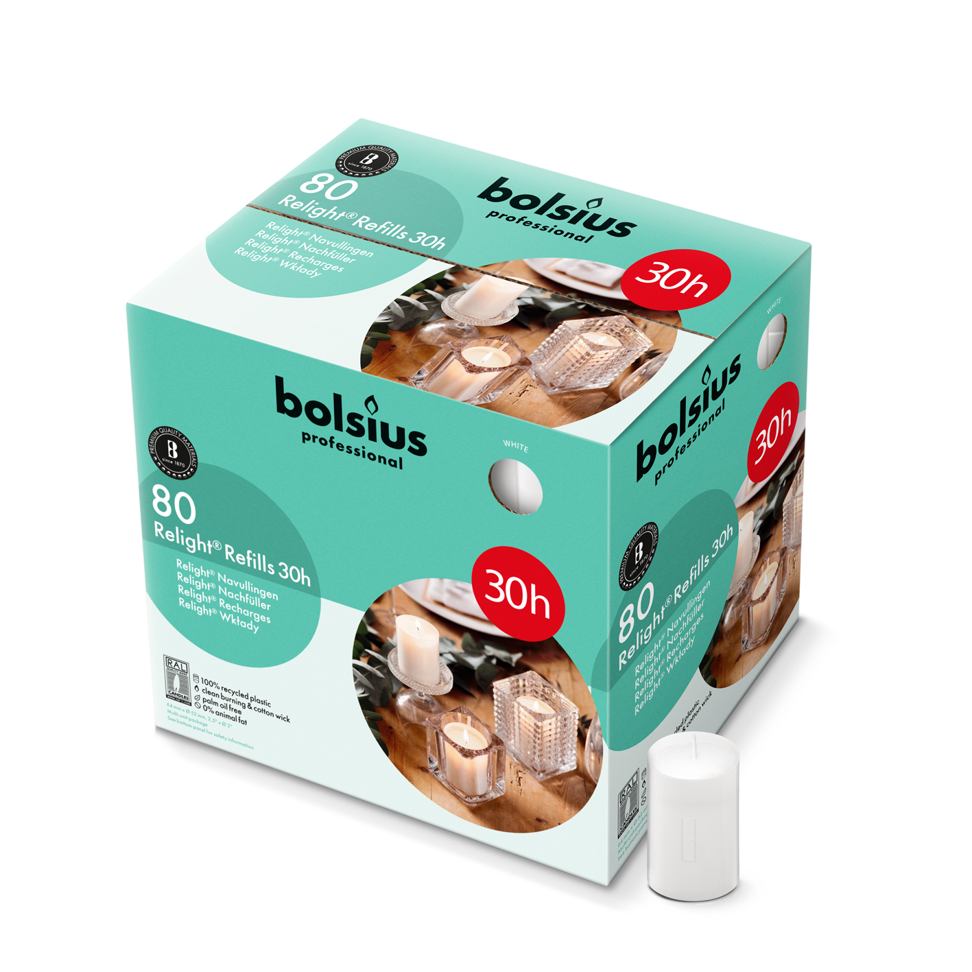 Bolsius Horeca Relight® Plus Navullingen 64/52 Wit (80 stuks)