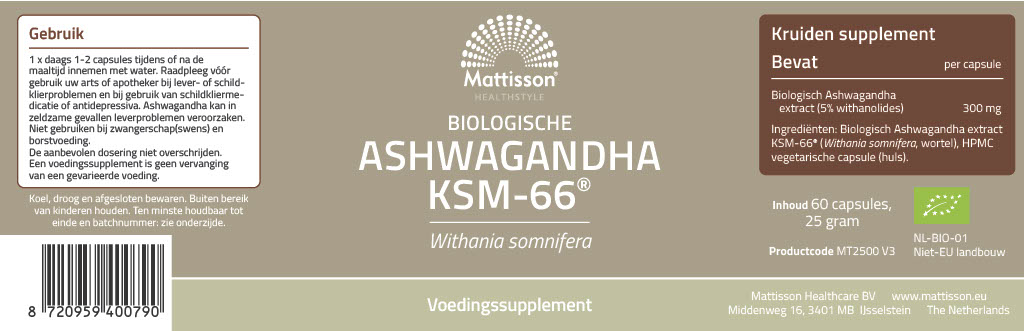 Mattisson Organic Ashwagandha Ksm-66 300Mg Met Bioperine (60 capsules)