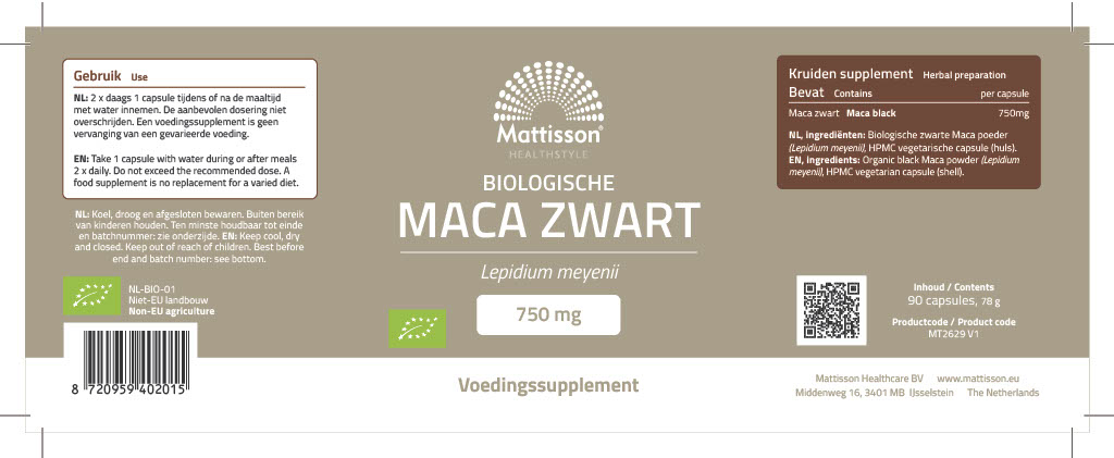 Mattisson Biologische Zwarte Maca 750Mg  (90 capsules)