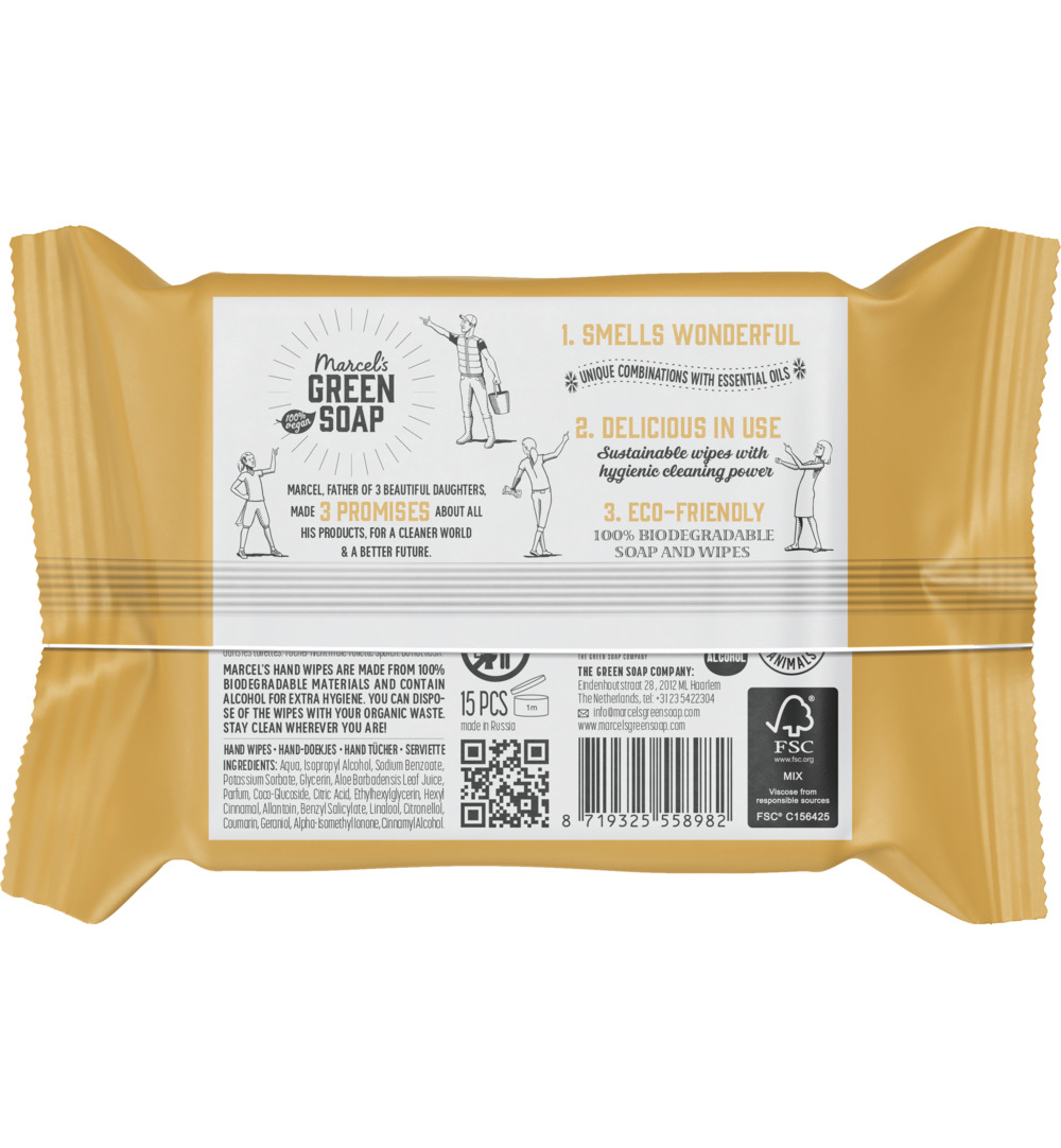 Marcel's Green Soap Hand wipes vanilla & cherry blossom bio (15 stuks)