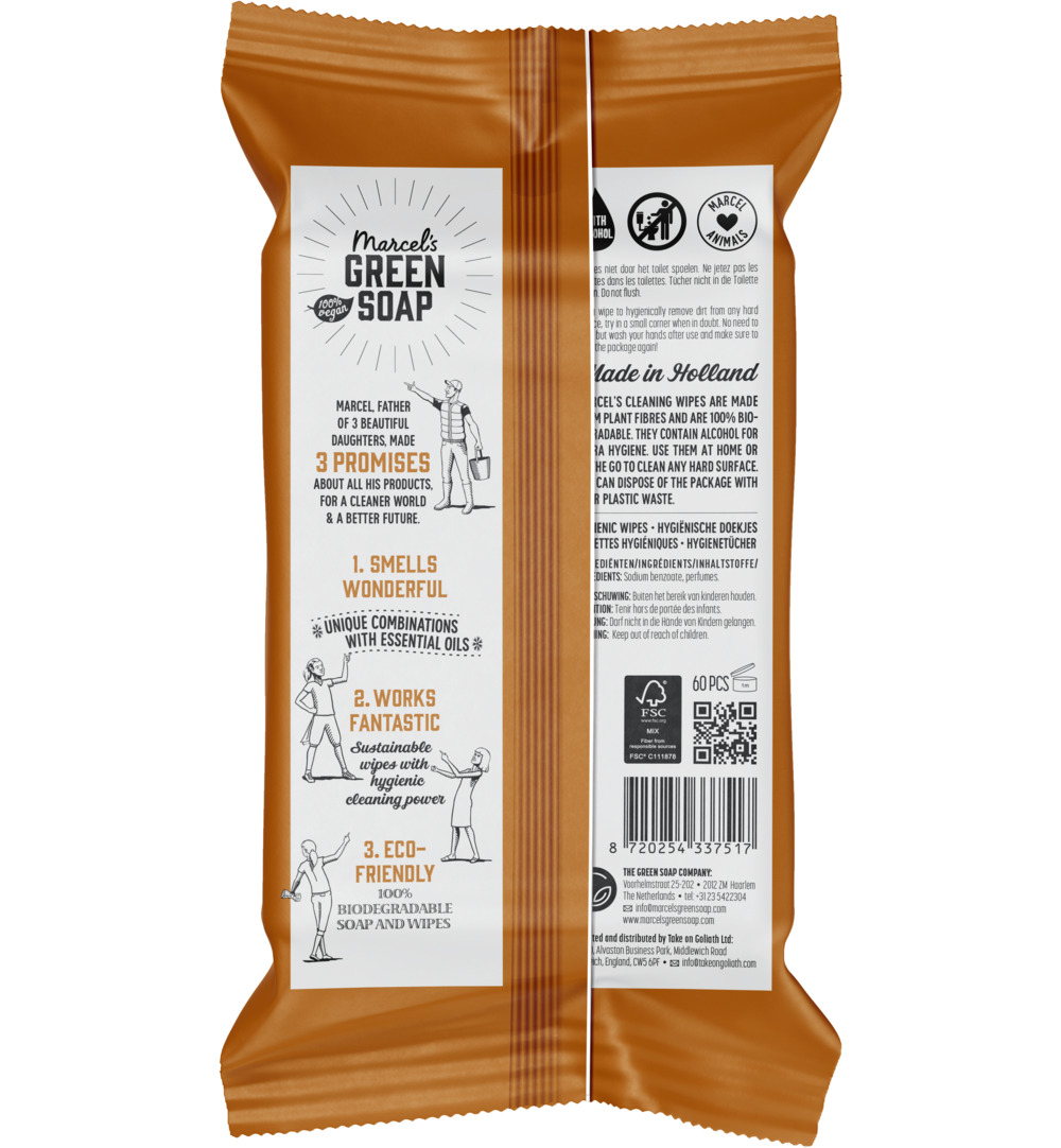 Marcel's Green Soap cleansing wipes sandelhout & kardemom (60 stuks)