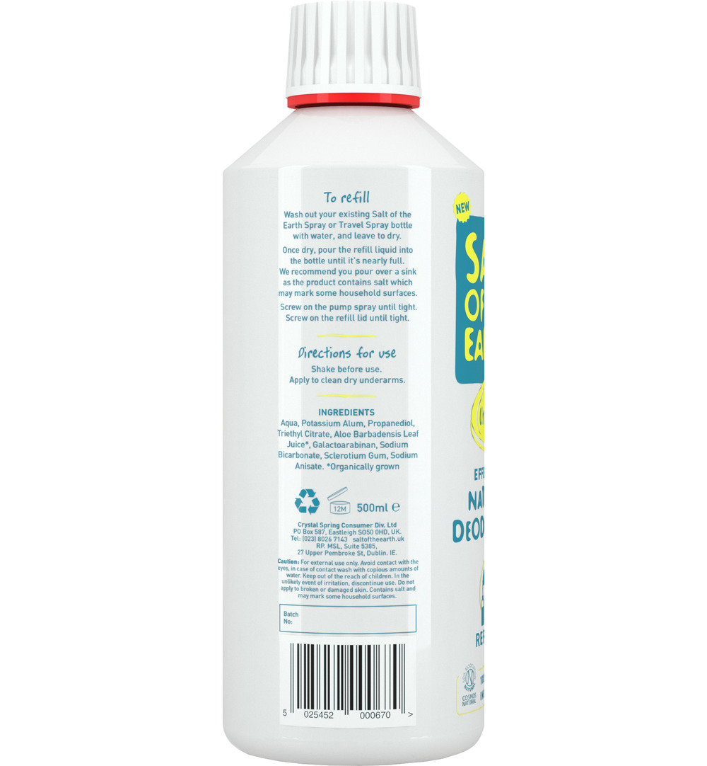Salt Of The Earth Natural Deodorant Spray Navulfles, Unscented, Parfum vrij (500 ml)