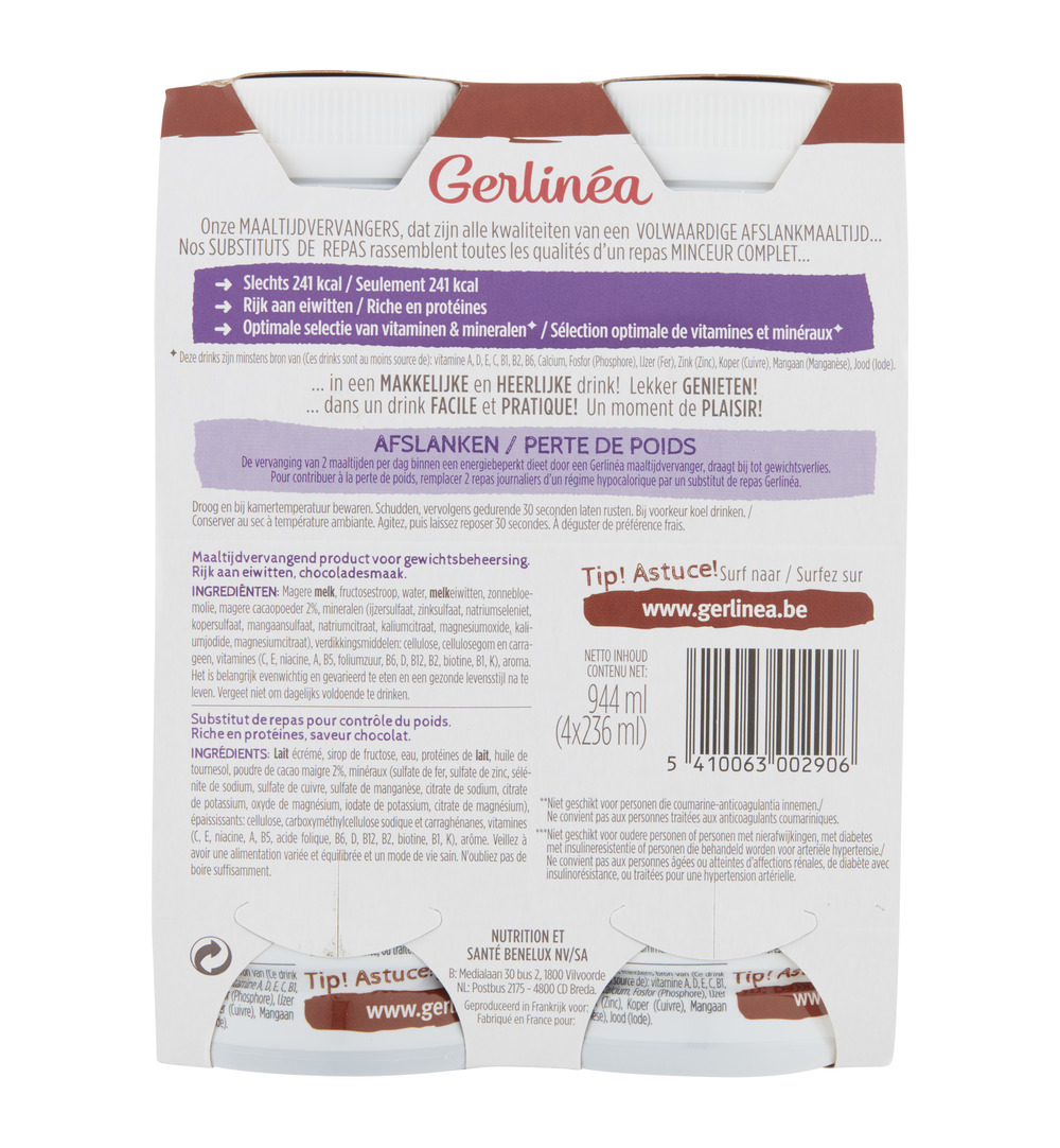 Gerlinéa Afslank Drinkmaaltijd Chocolade smaak 4-pack (4 x 236 ml)