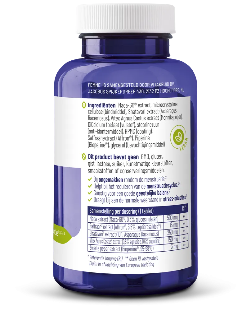 Vitakruid Femme Hormoon Support Oa Maca & Saffraan (90 tabletten) - image 2