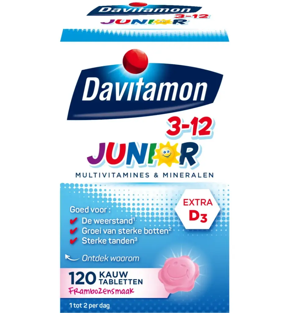 Davitamon Junior 3+ framboos (120 kauwtabletten)